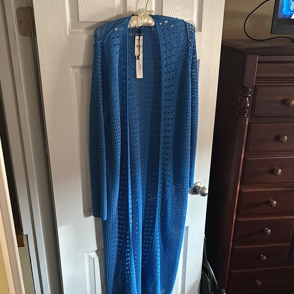 Express Blue Open Knit Long Cardigan